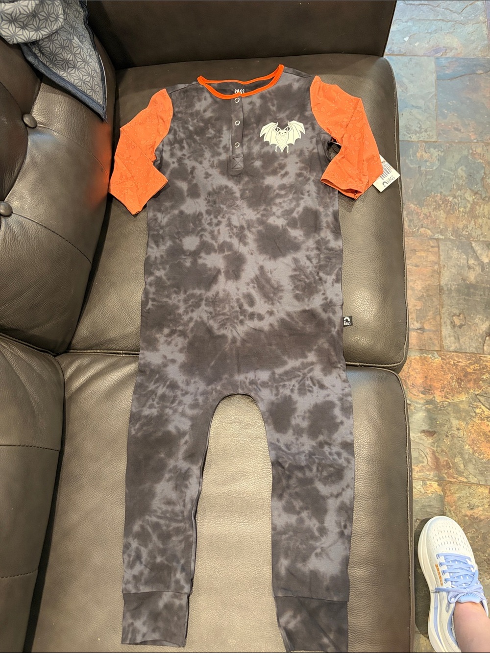 Rags to Raches Black Tie-Dye Footie with Orange  Bat Raglan Sleeves